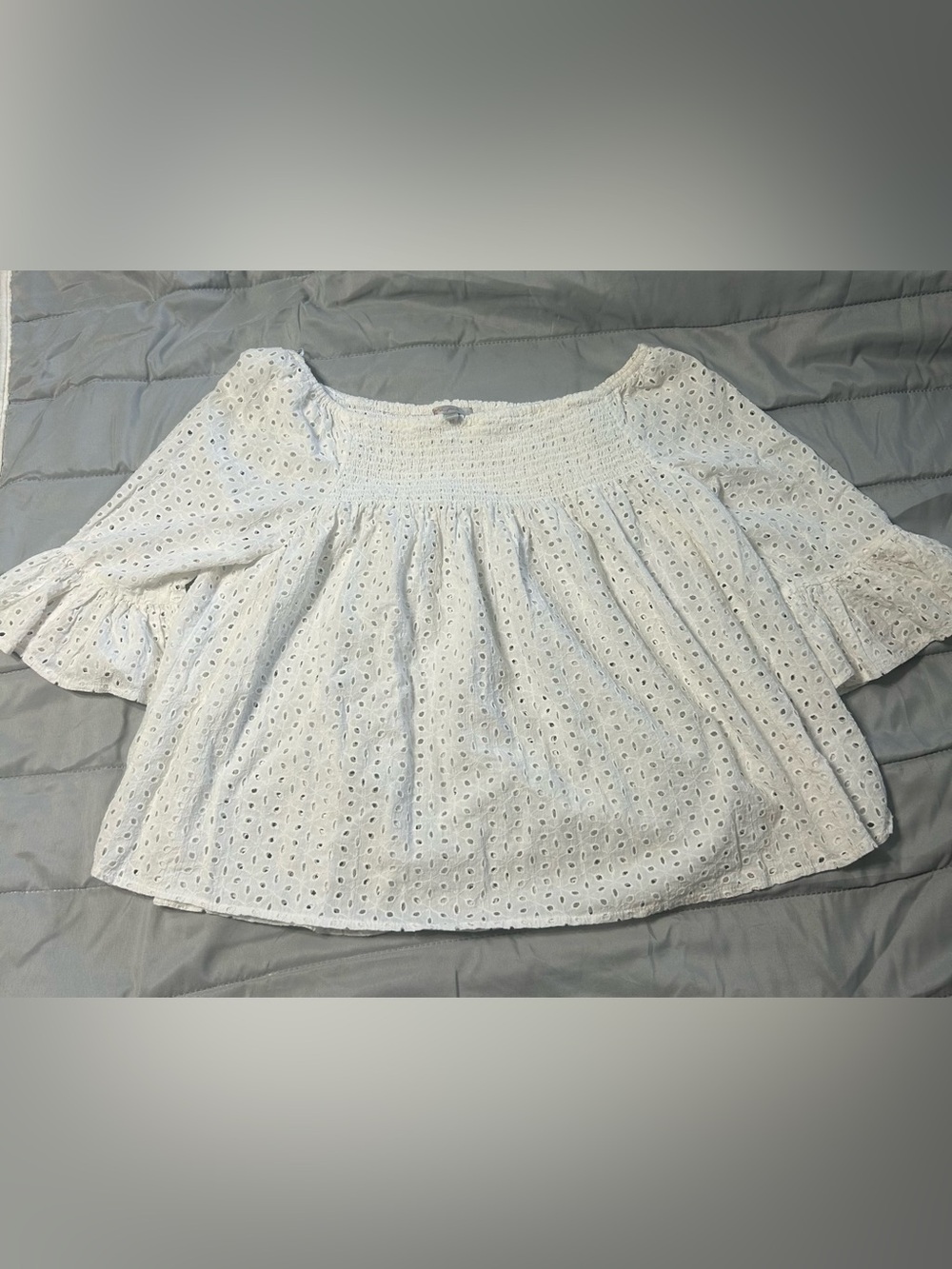 Ultra Pink White Eyelet Smocked Square-Neck Blouse